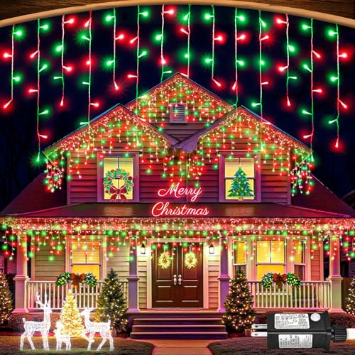 99ft Red and Green Christmas Lights, 1216 LED Icicle Lights for Outside, Clear Wire Twinkle Lights with 8 Modes Timer Waterproof for House Window Party Tree Holiday Patio Yard Home Decor