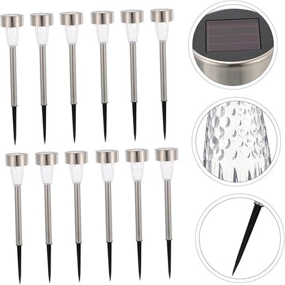 Wakauto 12pcs Solar Powered Stainless Steel Lawn Lights Outdoor Garden Pathway Lighting Kit with Bright White LED for Patio Decor