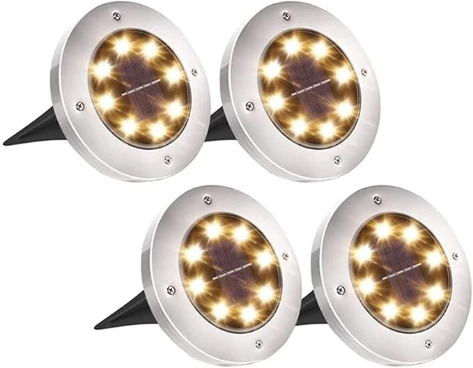 Solar In-Ground Lights Outdoor 8 LED Disk Light Solar Powered Landscape Path Lights for Garden Lawn Yard Patio Pool Patio Deck Driveway Walkway Pathway,Silver Finish,4 Pack (Warm White)