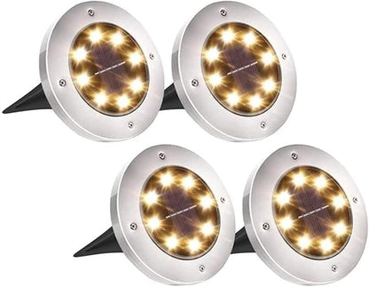 Solar In-Ground Lights Outdoor 8 LED Disk Light Solar Powered Landscape Path Lights for Garden Lawn Yard Patio Pool Patio Deck Driveway Walkway Pathway,Silver Finish,4 Pack (Warm White)