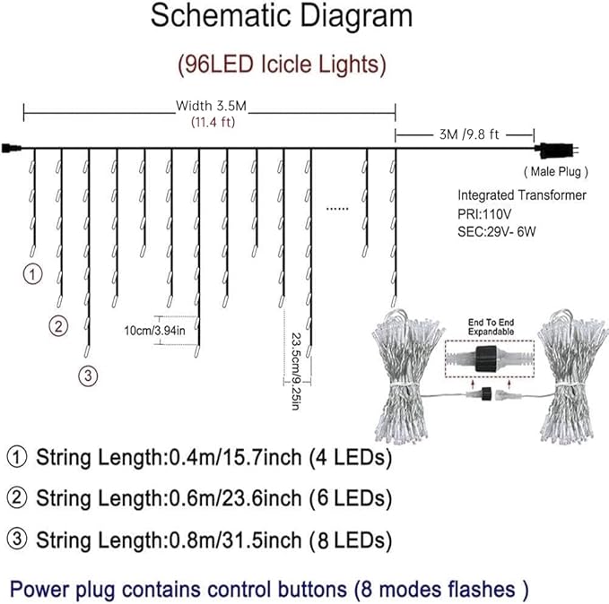Orangie 8 Modes LED Icicle Lights, 9.8 FT 96 LED Fairy String Lights Plug in Extendable Curtain Light String | Lumora