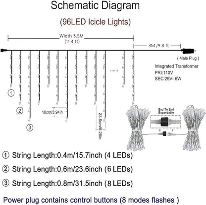 Orangie LED Icicle Lights, 96 LEDs 9.8ft 8 Modes, Curtain Fairy Light, LED String Light for Wedding/Christmas/Halloween/Thanksgiving/Easter/Party Backdrops Family Patio Lawn Decoration(Warm White)
