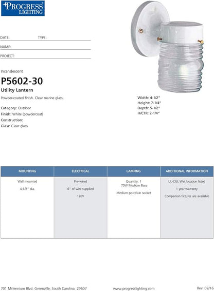 Progress Lighting 1-Light Clear Glass Traditional Outdoor Wall Lantern Light, Outdoor, P5602-30, White