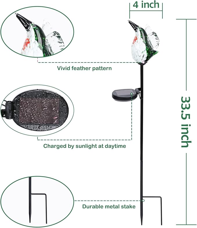 Afirst Solar Hummingbird Garden Stake Lights Hand Blown Glass Decorative Garden Pathway Lights Outdoor Waterproof Bird Glass Stakes 2 Pack