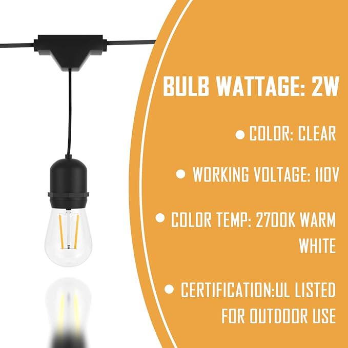 Costzon LED String Lights, 48 Ft Waterproof Commercial Grade Decorative Outdoor String Lights, UL Listed, 15 Hanging Sockets, 16PCS S14 2W LED Bulbs, Suitable for Garden Café Wedding Malls (1 Pack)