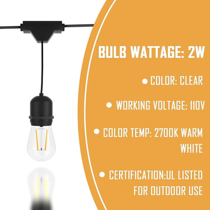 Costzon LED String Lights, 48 Ft Waterproof Commercial Grade Decorative Outdoor String Lights, UL Listed, 15 Hanging Sockets, 16PCS S14 2W LED Bulbs, Suitable for Garden Café Wedding Malls (1 Pack)