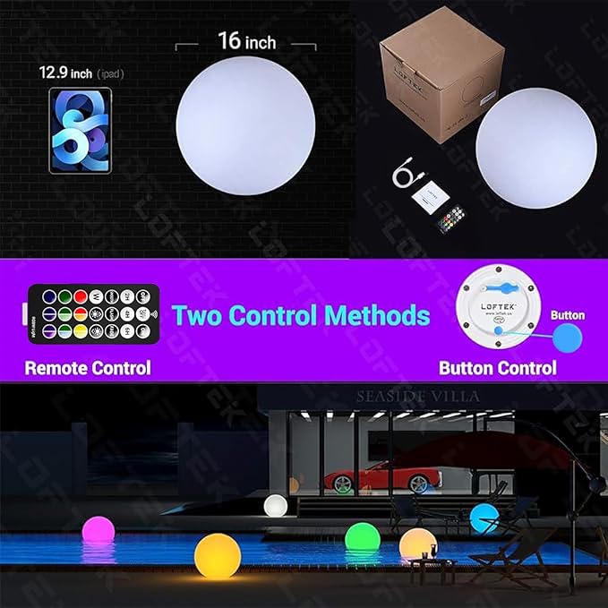 LOFTEK Floating Pool Light - 16-inch Large Ball Lamp with Remote - 3 Modes & 16 RGB Colorful - Outdoor Path Light | Lumora