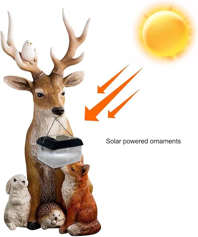 Garden Deer Statues Solar Lights, Resin Deer Figurine Creative Deer Animals Solar Tree Deer Hedgehog Grease Statue | Lumora