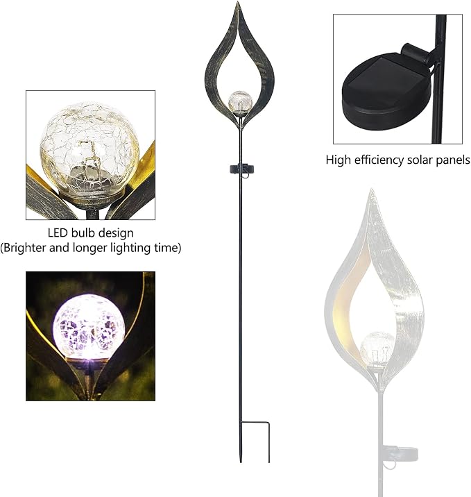 Adeco Solar Lights Outdoor Garden 42 inch Metal Crackle Glass Globe Stake Lights with Large Solar Panel Waterproof LED Lights for Ground Patio Lawn Pathway Courtyard