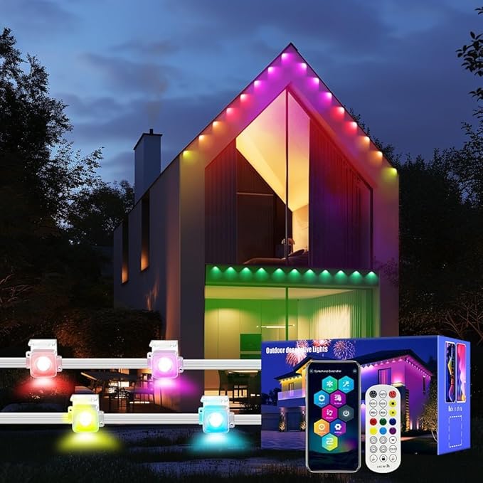Permanent Outdoor Lights, 200FT RGB LED Smart Eaves Lights with 120 LEDs, IP67 Waterproof, Remote/APP Control, DIY Scene Modes, Music Sync Lighting for Party, House, All Holiday Decorations