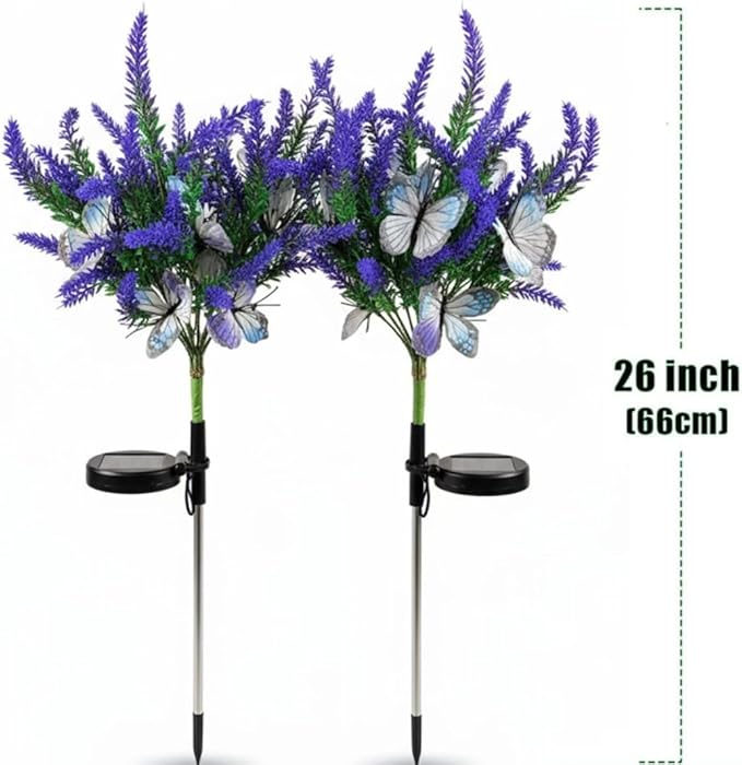 Solar Garden Decor Lights Outdoor, Lavender Butterfly Flower Stakes Light, 2 Pack Waterproof LED Flower Lights, for Garden Pathway Patio Backyard Landscape (Warm White)