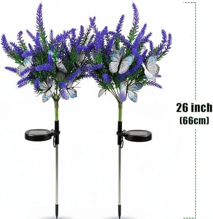Solar Garden Decor Lights Outdoor, Lavender Butterfly Flower Stakes Light, 2 Pack Waterproof LED Flower Lights, for Garden Pathway Patio Backyard Landscape (Warm White)