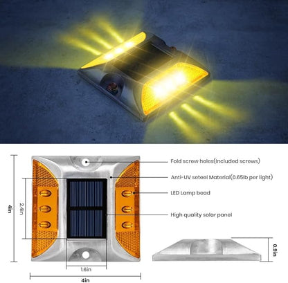 Solar Raised Pavement Marker High Brightness IP68 Waterproof Reflective Road Marker Solar Driveway Dock Lights Sidewalk Stair Garden Pathway Walkway（6 Pack） (Yellow, Blinker)