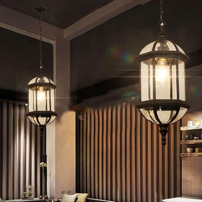 Rustic Outdoor Hanging Lamp Retro Waterproof Lantern Pendant Light Farmhouse Vintage Industrial Aluminum Chandelier for Porch Patio Loft Restaurant Bar Cafe Entryway Gazebo