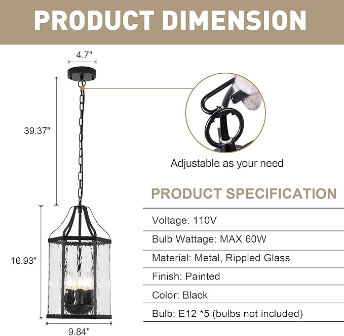 10" Modern 5-Light Exterior Black Lantern Pendant Light Fixture with Clear Rippled Glass Mini Industrial Hanging | Lumora