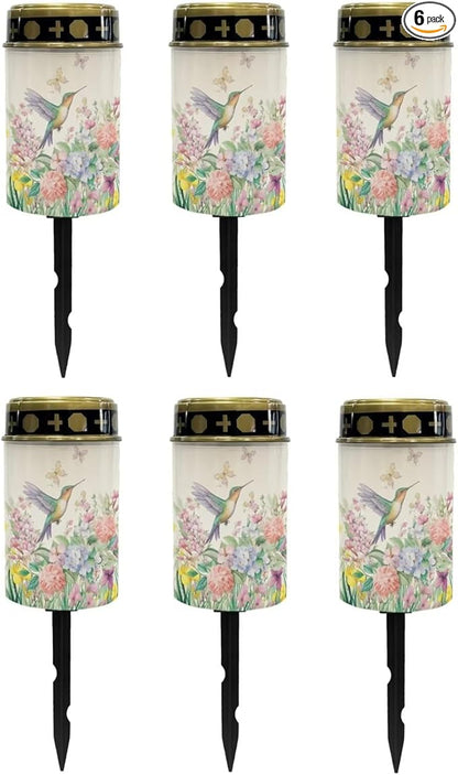 Poceacles Solar Lights Waterproof Solar Garden Lights Cemetery Solar Outdoor Lights Outdoor Stake Automatic Solar Lantern for Cemetery Grave Decoration, Hummingbird Flower Butterfly, Pack of 6