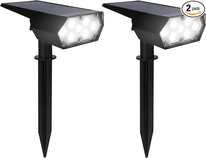 TECHKO Outdoor Solar Spotlight with Wall-Mount & Ground-Stake, Dusk-to-Dawn Outdoor Waterproof IP65, Multiple Lighting Modes, Solar Powered Garden Yard Spot Lights for Outside Landscape (2-Pack)