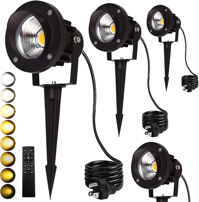 LED Outdoor Spot Lights,120V Landscape Lighting Outdoor Spotlight With Plug Cord , 2700K-6500K Stepless Dimmable Landscape Light with Timer and Remote for Yard Garden Pathway flag (18W, Pack, 4)