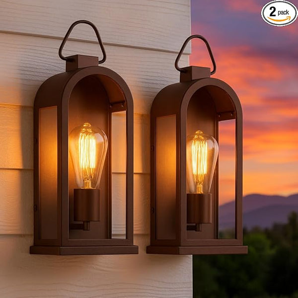 Vintage Outdoor Wall Light Fixtures (2 Pack) - Dark Brown Porch Lantern/Exterior Wall Sconce, Glass Shade, Sturdy | Lumora