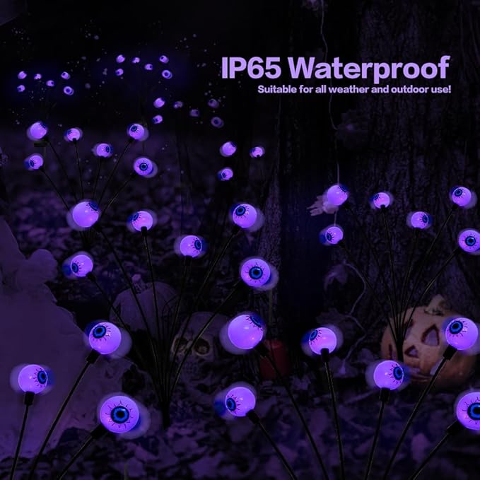 2PACK Scary Eyeballs Solar Garden Light Halloween Decorations Outdoor,Swaying Firefly with 12LED Purple Spooky Eyes Lights-Waterproof Ornaments Solar Halloween Lights for Lawn, Patio, Party Decor
