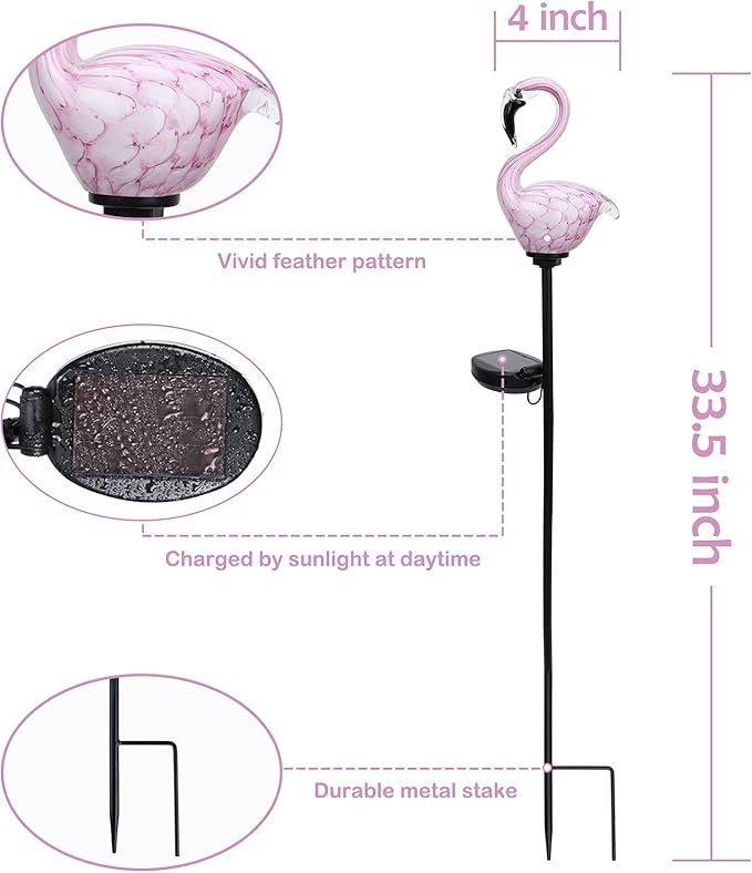 Afirst Solar Outdoor Lights Decorative - Solar Garden Stake Lights Flamingo Handblown Glass Stake Garden Pathway Light Outdoor Waterproof Glass Stakes for Pathway Yard Lawn Decoration