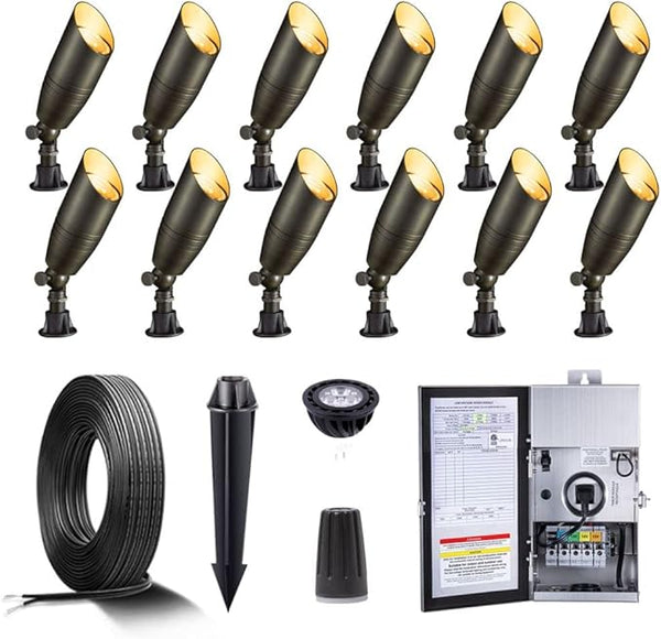 Gardenreet Solid Brass 12V LED Landscape Lighting Kit (12 Pack Spotlights) with 300W Low Voltage Transformer and | Lumora