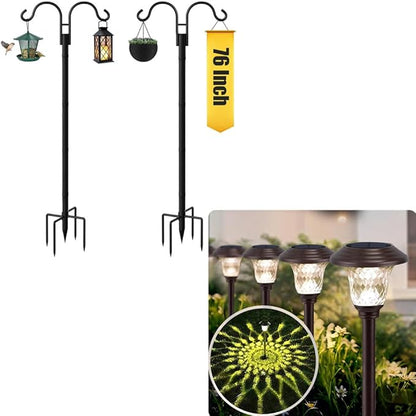 BEAU JARDIN 8 Pack Solar Pathway Lights + Double Shepherds Hooks for Outdoor 76”2 Pack