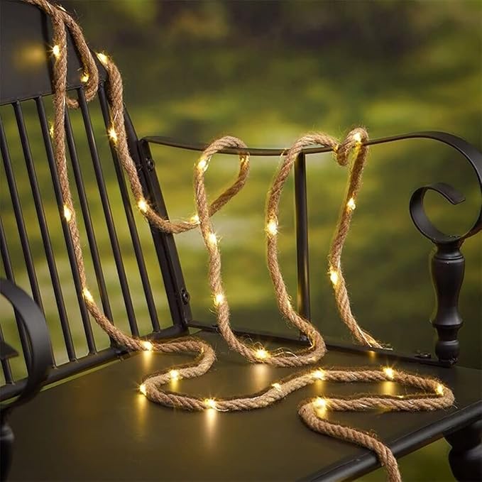 Solar String Lights Outdoor, Waterproof Natural Hemp Rope Lights with Remote/Rechargeable Port,Dimmable Outdoor Solar Light Cafe Lights for Garden Bistro Party Porch Yard Balcony (100led 5m)