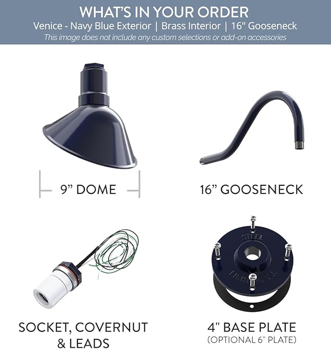 Steel Lighting Co. Venice Store Sign Light | for Outdoor Restaurant Accent Wall | 9 inch Dome | 16" Gooseneck | Made in America | Navy Blue Exterior/Brass Interior