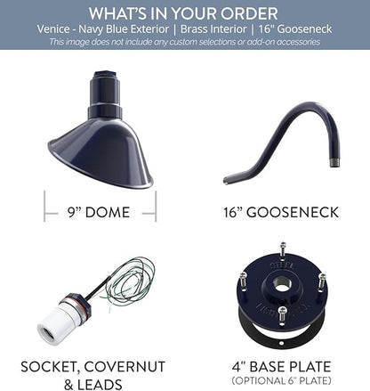 Steel Lighting Co. Venice Store Sign Light | for Outdoor Restaurant Accent Wall | 9 inch Dome | 16" Gooseneck | Made in America | Navy Blue Exterior/Brass Interior