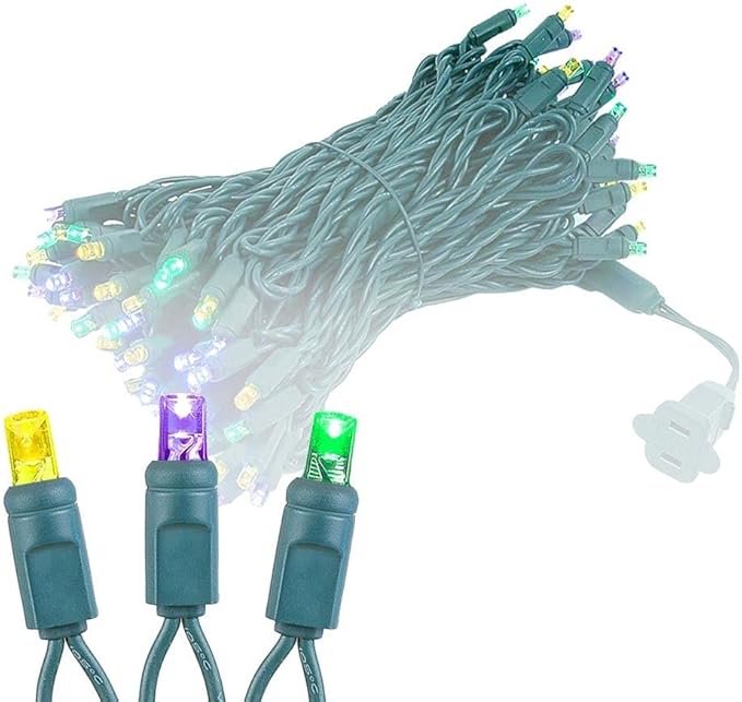 Novelty Lights 50ft 100 LED Yellow/Purple/Green Mardi Gras Lights Outdoor/Indoor, 6" Spacing, Green Wire String Lights for Festive Xmas Lighting, IP55, UL Listed, Dimmable, Connectable