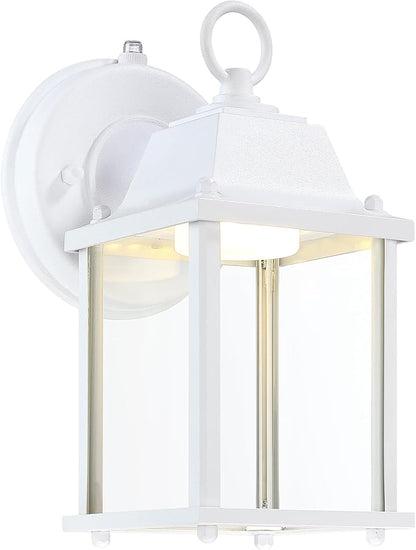 LIT-PaTH Small Outdoor LED Wall Lantern with Dusk to Dawn Photocell, 3000K Warm White, 9.5W, 800 Lumen, Aluminum Housing Plus Glass, Outdoor Rated, 1-Pack, White