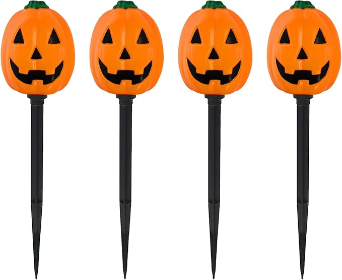 Set of 4 Halloween Pathway Markers Lights, 14.2 Inch High Battery Operated Plastic Jack-O-Lantern Shaped Pumpkin Lawn Garden Stakes Clear Lights for Trick or Treat Party Outdoor Halloween Decor