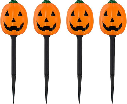 Set of 4 Halloween Pathway Markers Lights, 14.2 Inch High Battery Operated Plastic Jack-O-Lantern Shaped Pumpkin Lawn Garden Stakes Clear Lights for Trick or Treat Party Outdoor Halloween Decor