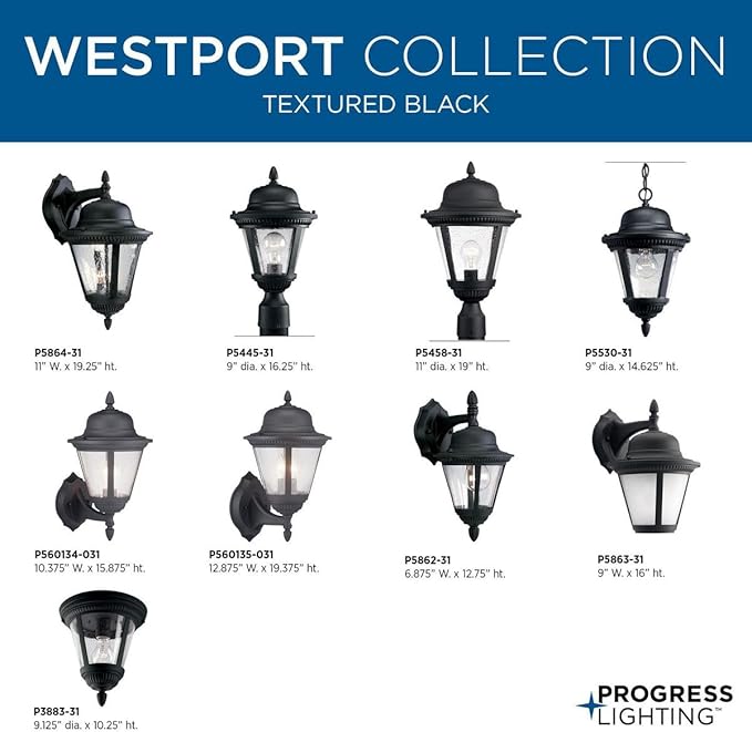 Progress Lighting P5862-31 1-Light Cast Wall Lantern with Clear Seeded Glass, Textured Black | Lumora