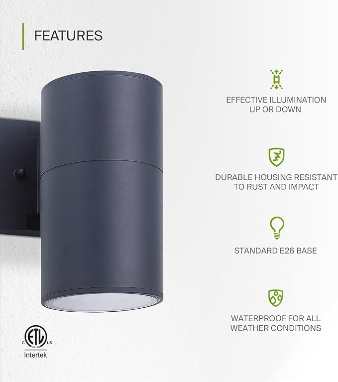 ASD 1 Light Outdoor Wall Light Fixture | 60W E26 Bulb Socket 120V ETL Cylinder Up Down Lights | | Lumora