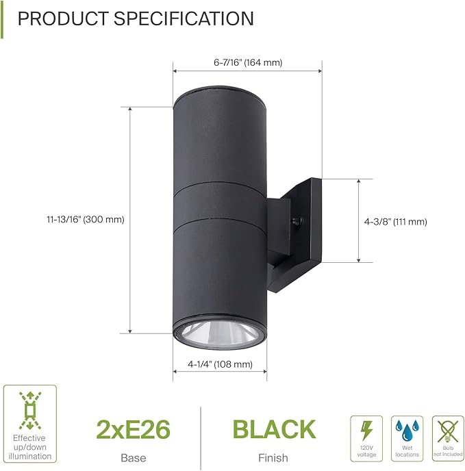 ASD 2 Light Outdoor Wall Light Fixture | 120W E26 Bulb Socket 120V ETL Cylinder Up Down Lights | | Lumora