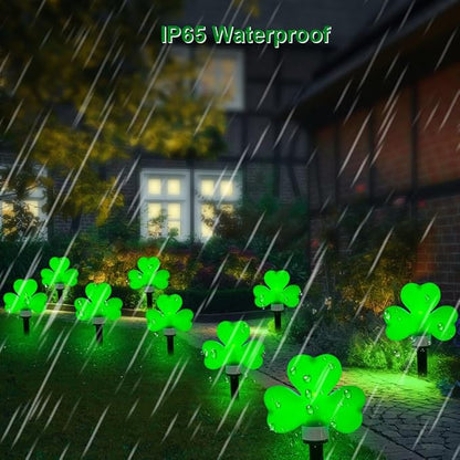 St Patricks Day Decorations Solar Garden Lights Outdoor Waterproof 8 Pack Green Shamrock Three Leaf Lucky Clover Solar Stake Lights 8 Modes for Yard Pathway Party Outside Irish St. Patrick's Day Decor