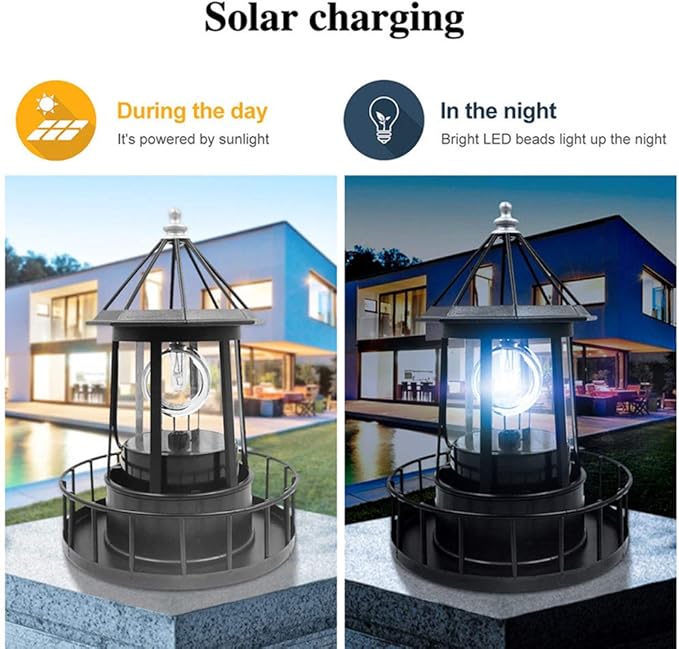 Hyuduo LED Solar Rotating Lighthouse Light Pillar Lights Solar Garden Lights Outdoor Garden Decoration Lantern for Column Lamp Lawn Light Wall Headlight