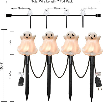 SUNSGNE Halloween Ghost Pathway Lights Outdoor, Set of 4 Ghost Halloween Stake Path Lights with C7 LED Bulbs for Outdoor Yard Walkway Garden Party Decoration