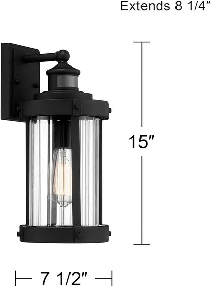 John Timberland Stan Modern Industrial Outdoor Wall Light Fixture Textured Black Metal 15" Clear Ribbed Glass for Exterior House Porch Patio Outside Deck Garage Yard Front Door Garden Home