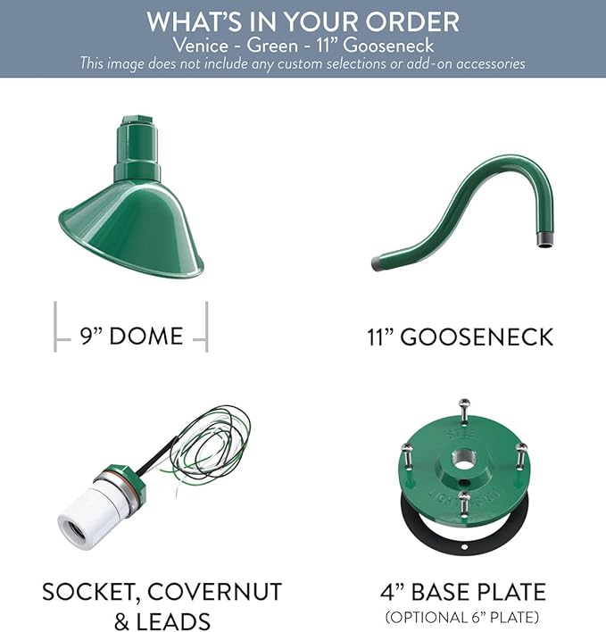 Steel Lighting Co. Venice Store Sign Light | for Outdoor Restaurant Accent Wall | 9 inch Dome | 11 inch Gooseneck | Made in America | Green Exterior/White Interior
