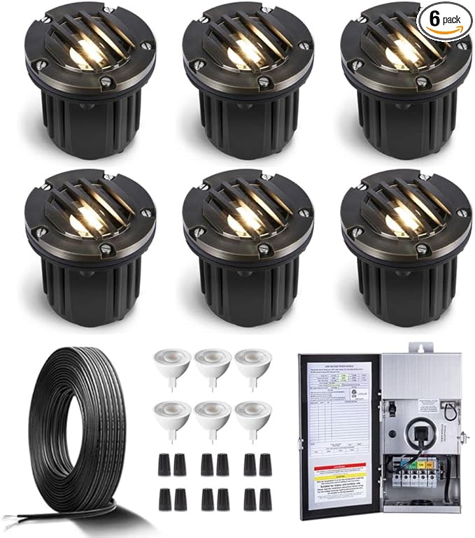 Gardenreet Brass In Ground Lights Kit(6 Pack) with 150W Low Voltage Transformer & MR16 Bulb & 100Feet Wire & | Lumora