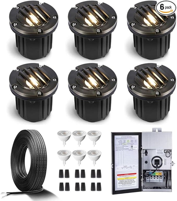 Gardenreet Brass In Ground Lights Kit(6 Pack) with 150W Low Voltage Transformer & MR16 Bulb & 100Feet Wire & | Lumora