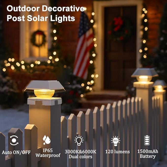 4x4 Solar Post Cap Lights with 2 Lighting Modes, 2 Packs Outdoor Post Light Solar Powered Waterproof IP65, Fence Deck Lights for 4×4 Wood/Vinyl Posts, White