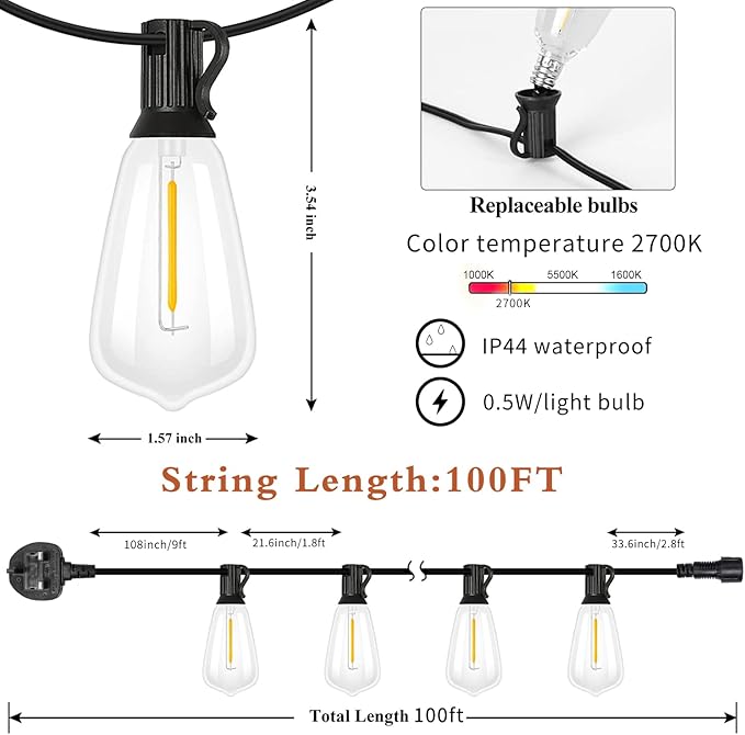 100FT LED Outdoor String Lights, Waterproof Patio Lights with 50+2 Edison Shatterproof Bulbs, Outside Hanging | Lumora