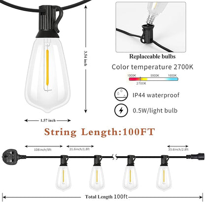 100FT LED Outdoor String Lights, Waterproof Patio Lights with 50+2 Edison Shatterproof Bulbs, Outside Hanging Light, Christmas Decorative for Patio, Cafe, Garden, Bar