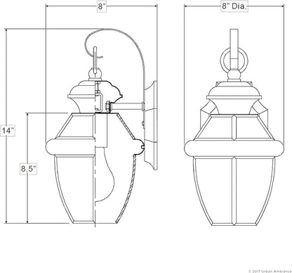 Urban Ambiance Luxury Colonial Outdoor Wall Light, Medium Size: 14" H x 8" W, with Tudor Style Elements, Versatile Design, Classy Aged Silver Finish and Beveled Glass, UQL1143