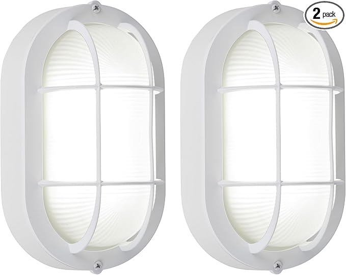 GRUENLICH LED Bulkhead Light, Flush Mount for Wall or Ceiling, 6W, 600 Lumen, Dimmable 5000K Daylight White, Outdoor Rated, Aluminum Housing, White Finish, 2-Pack