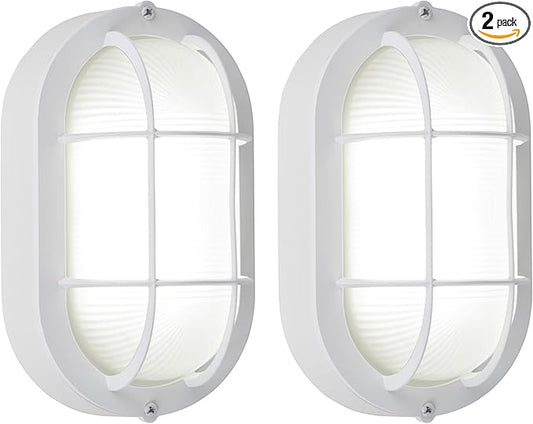 GRUENLICH LED Bulkhead Light, Flush Mount for Wall or Ceiling, 6W, 600 Lumen, Dimmable 5000K Daylight White, Outdoor Rated, Aluminum Housing, White Finish, 2-Pack
